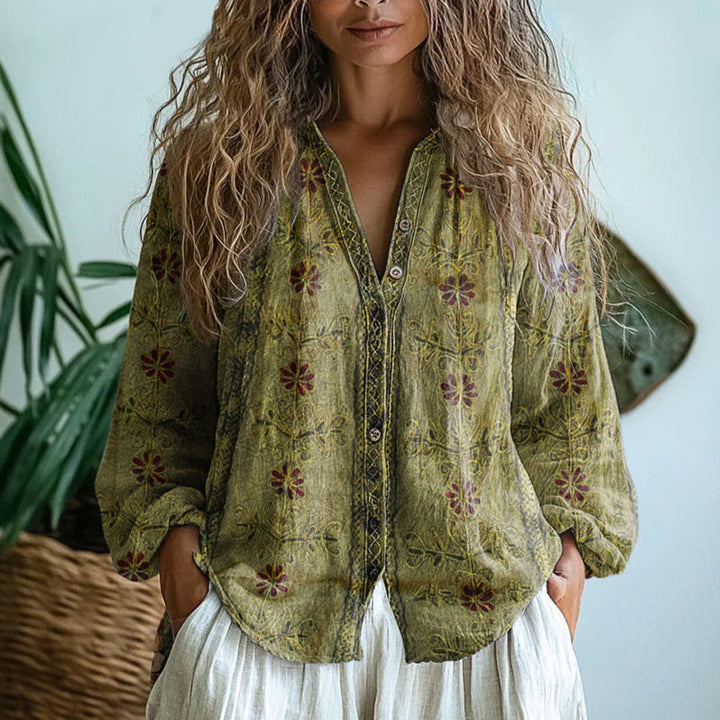 Blouse | Nature Print | Split V Neck | Blouson Sleeve-Fashion Nora