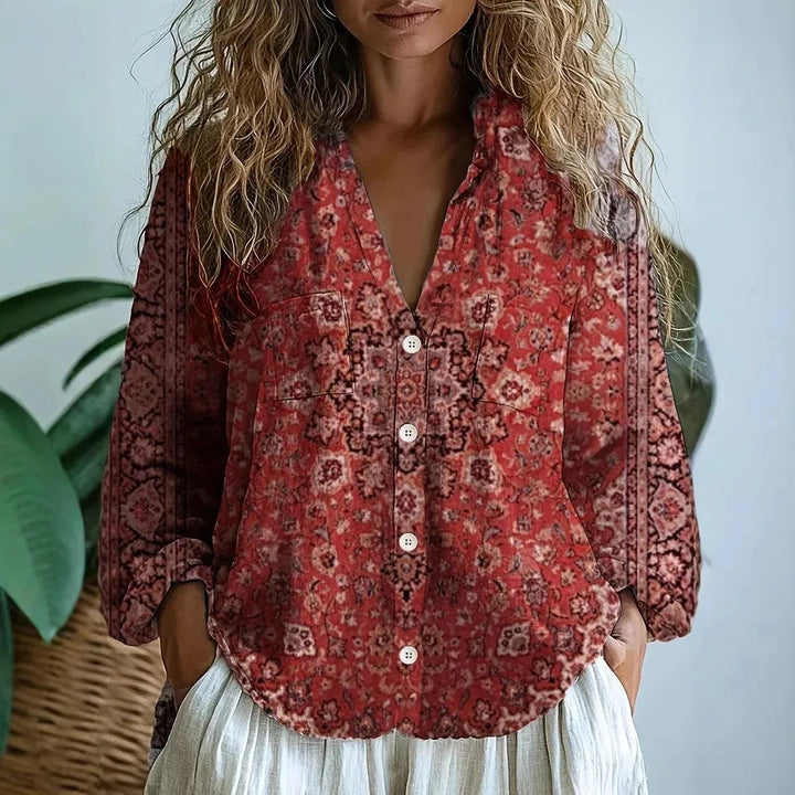Blouse | Nature Print | Split V Neck | Blouson Sleeve-Fashion Nora