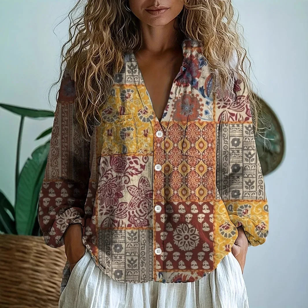 Blouse | Nature Print | Split V Neck | Blouson Sleeve-Fashion Nora