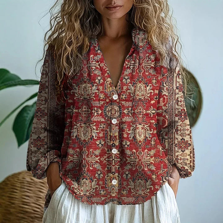 Blouse | Nature Print | Split V Neck | Blouson Sleeve-Fashion Nora