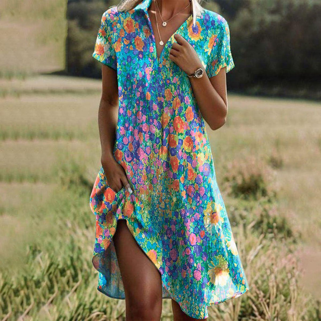Boho Dress | Printed Short Sleeve | Relaxed Fit | Pockets-Fashion Nora