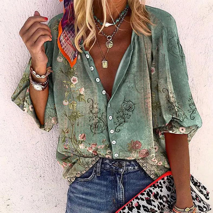 Button Up Blouse | Floral | V Neck | Three Quarter Sleeve-Fashion Nora