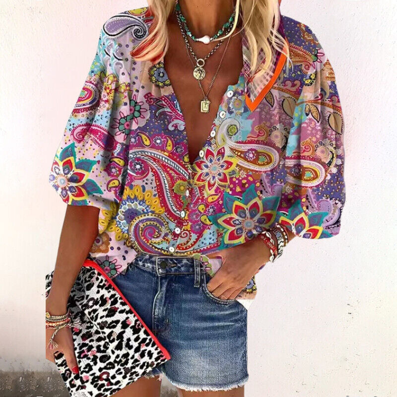 Button Up Blouse | Floral | V Neck | Three Quarter Sleeve-Fashion Nora