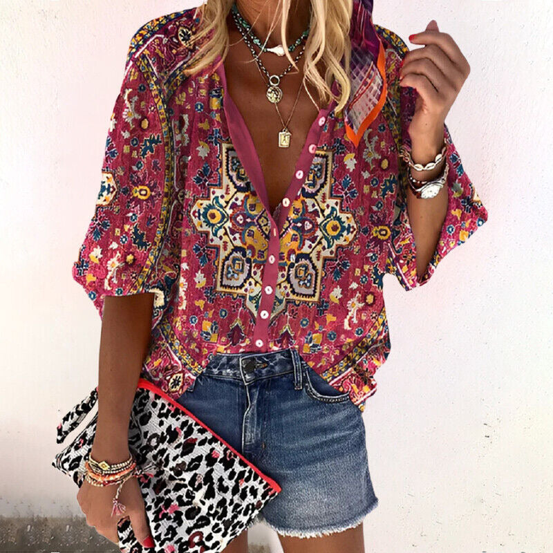 Button Up Blouse | Floral | V Neck | Three Quarter Sleeve-Fashion Nora