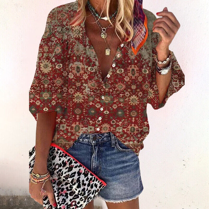 Button Up Blouse | Floral | V Neck | Three Quarter Sleeve-Fashion Nora