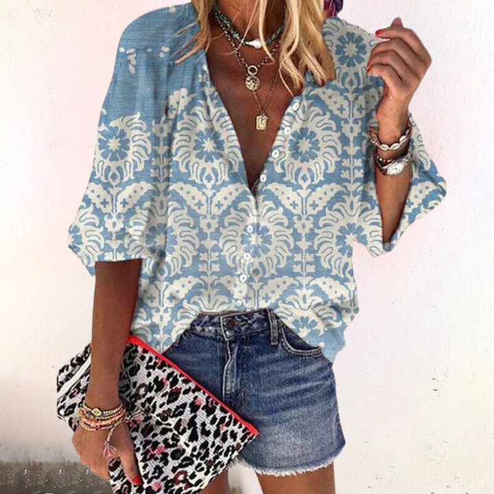 Button Up Blouse | Floral | V Neck | Three Quarter Sleeve-Fashion Nora