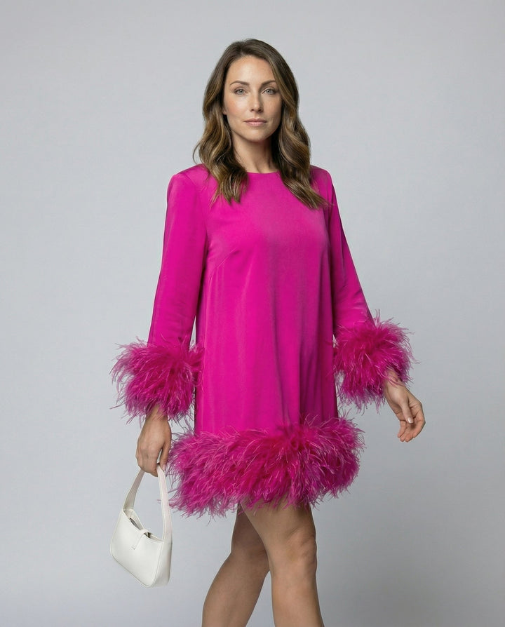 Cocktail Dress | Feather Trim Mini | Long Sleeve-Fashion Nora