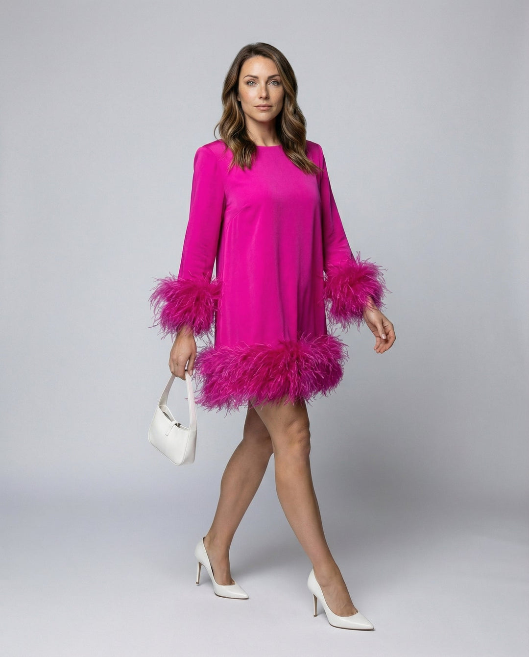 Cocktail Dress | Feather Trim Mini | Long Sleeve-Fashion Nora