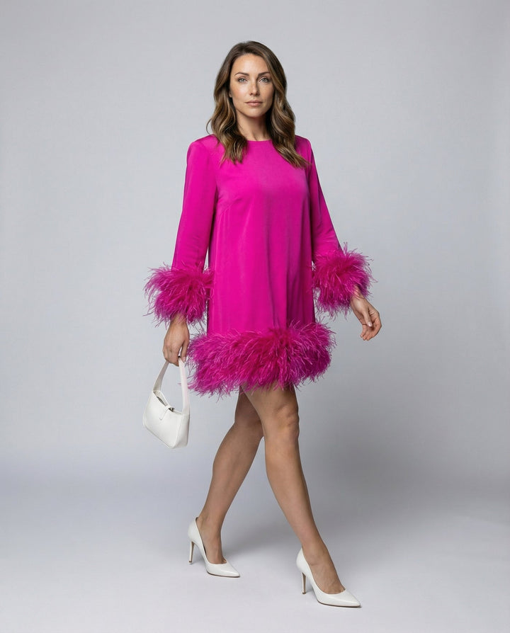 Cocktail Dress | Feather Trim Mini | Long Sleeve-Fashion Nora