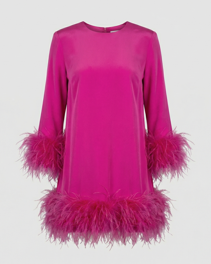 Cocktail Dress | Feather Trim Mini | Long Sleeve-Fashion Nora