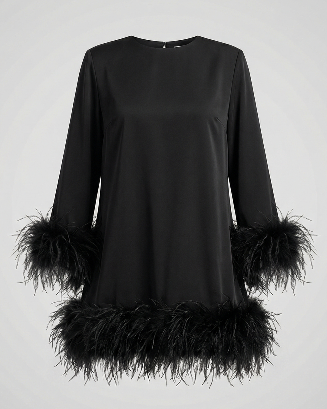Cocktail Dress | Feather Trim Mini | Long Sleeve-Fashion Nora