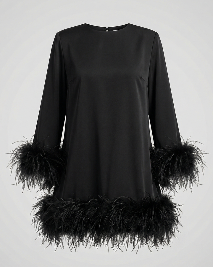 Cocktail Dress | Feather Trim Mini | Long Sleeve-Fashion Nora