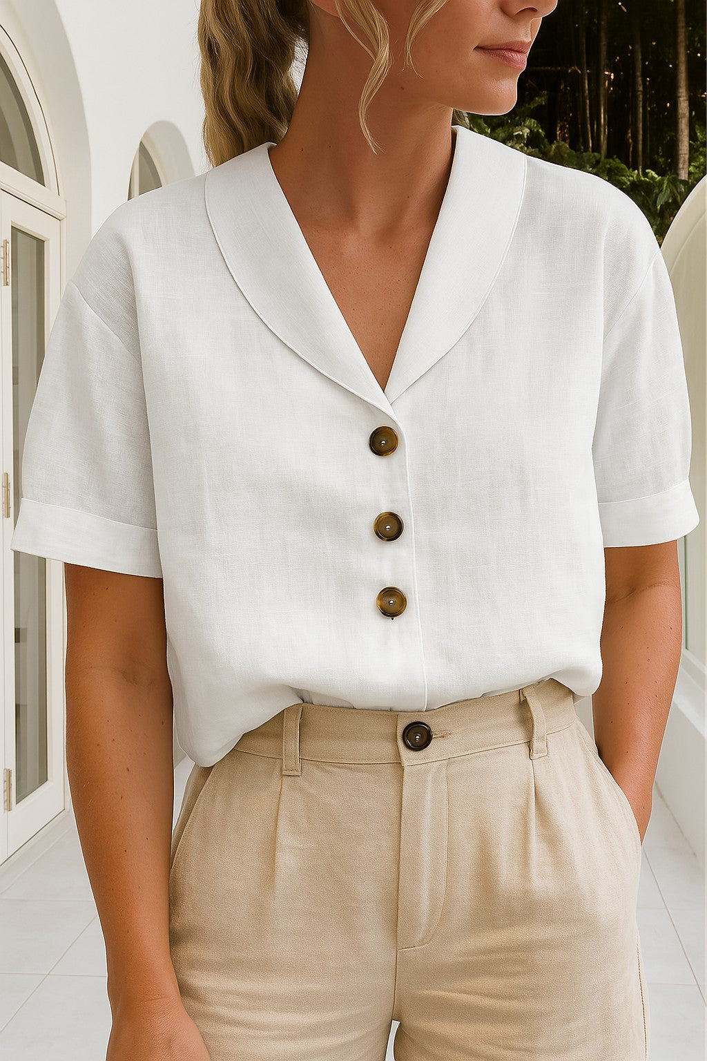 Collared Blouse | Shawl Collar | V Neck | Short Sleeve-Fashion Nora