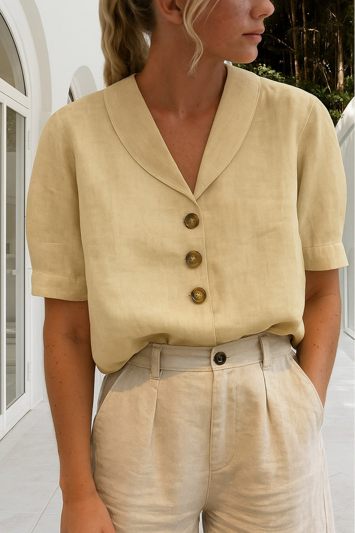 Collared Blouse | Shawl Collar | V Neck | Short Sleeve-Fashion Nora