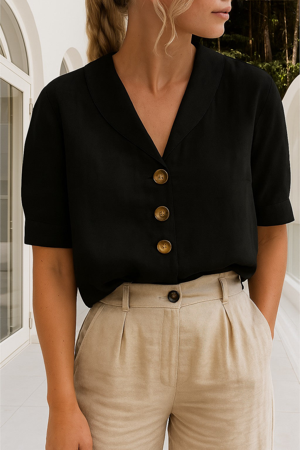 Collared Blouse | Shawl Collar | V Neck | Short Sleeve-Fashion Nora