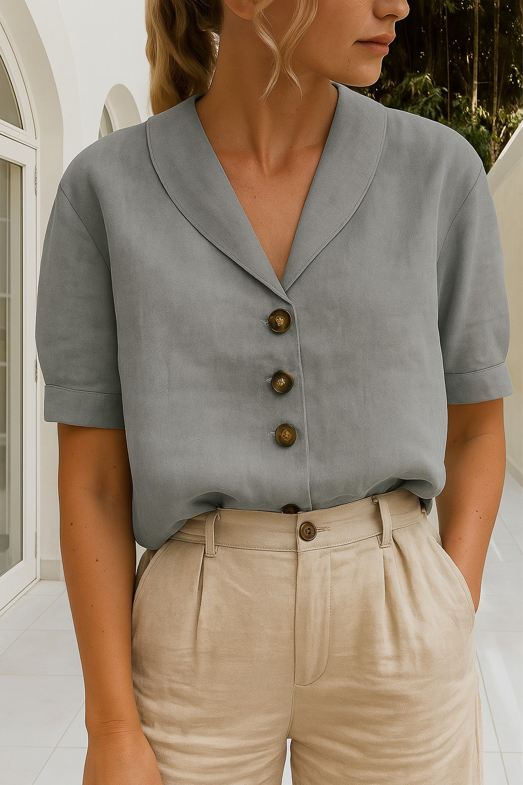 Collared Blouse | Shawl Collar | V Neck | Short Sleeve-Fashion Nora