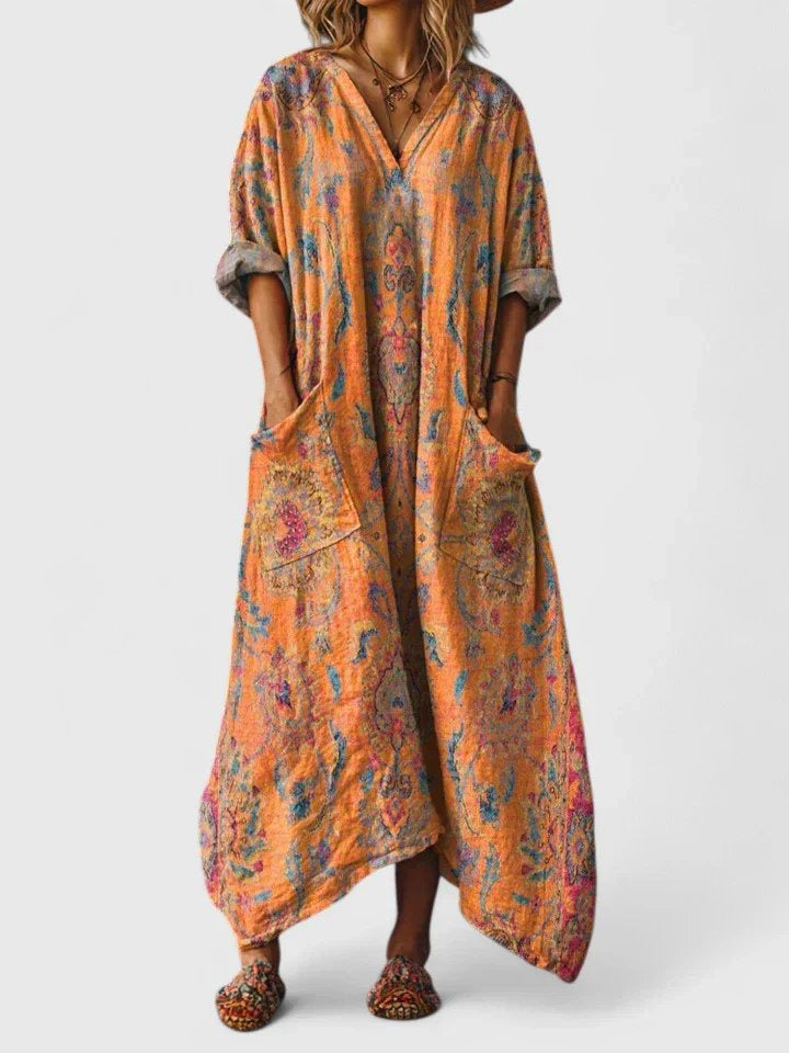 Cotton Maxi Dress | Boho | V Neck | Front Pockets-Fashion Nora