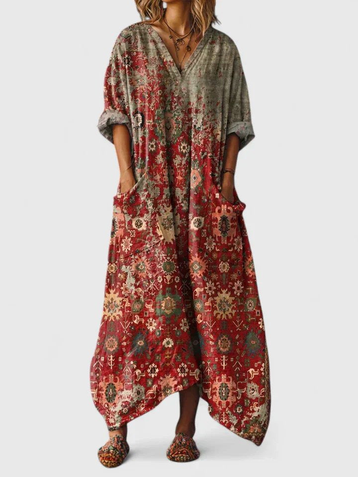 Cotton Maxi Dress | Boho | V Neck | Front Pockets-Fashion Nora