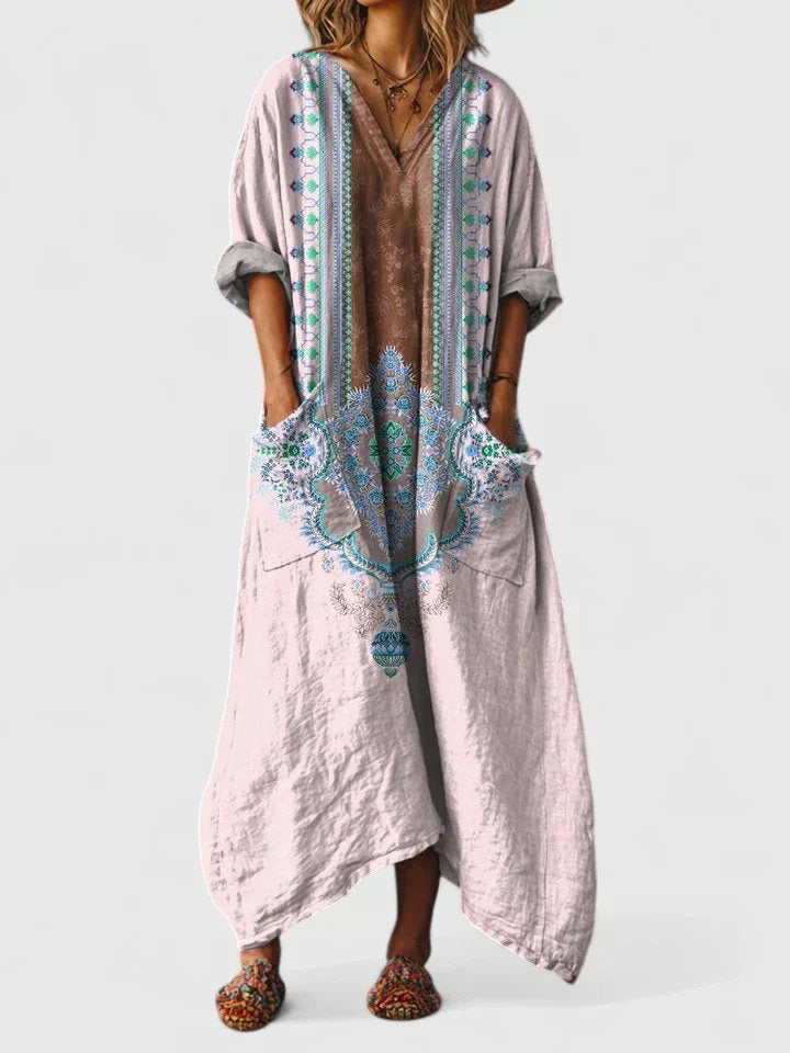 Cotton Maxi Dress | Boho | V Neck | Front Pockets-Fashion Nora