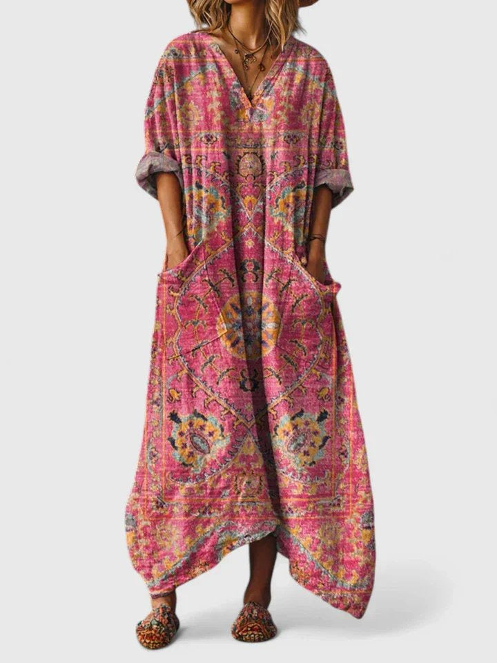 Cotton Maxi Dress | Boho | V Neck | Front Pockets-Fashion Nora