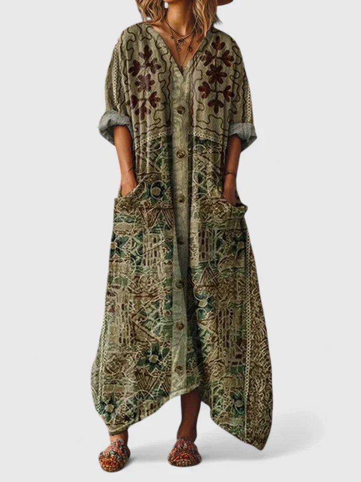 Cotton Maxi Dress | Boho | V Neck | Front Pockets-Fashion Nora