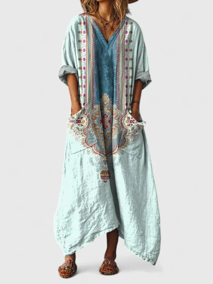 Cotton Maxi Dress | Boho | V Neck | Front Pockets-Fashion Nora