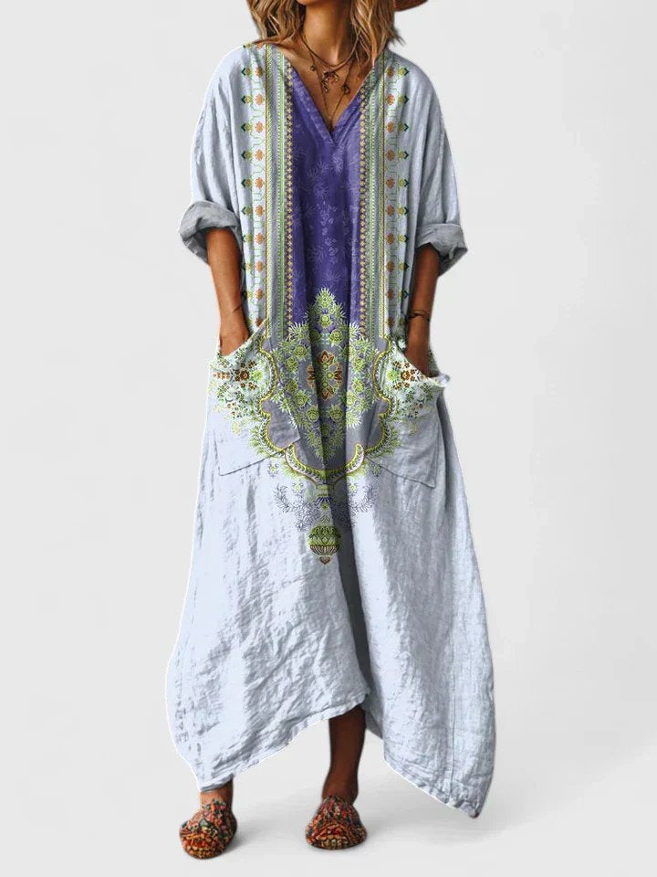 Cotton Maxi Dress | Boho | V Neck | Front Pockets-Fashion Nora