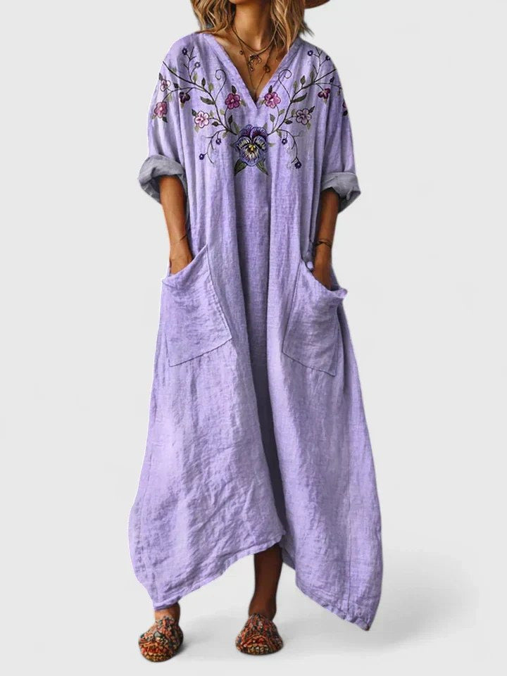 Cotton Maxi Dress | Boho | V Neck | Front Pockets-Fashion Nora
