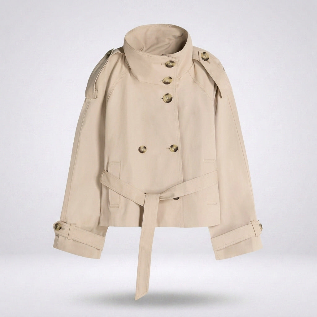 Cropped Trench Coat | Womens Short | Belted | High Collar-Fashion Nora