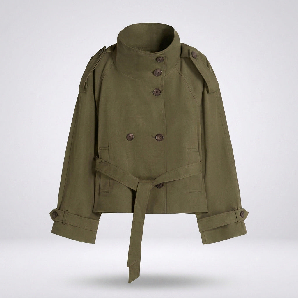 Cropped Trench Coat | Womens Short | Belted | High Collar-Fashion Nora