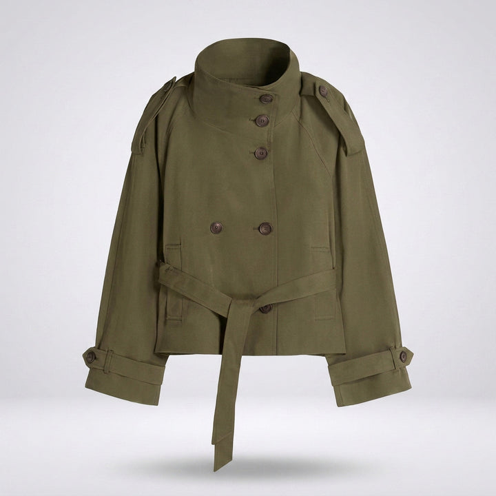 Cropped Trench Coat | Womens Short | Belted | High Collar-Fashion Nora