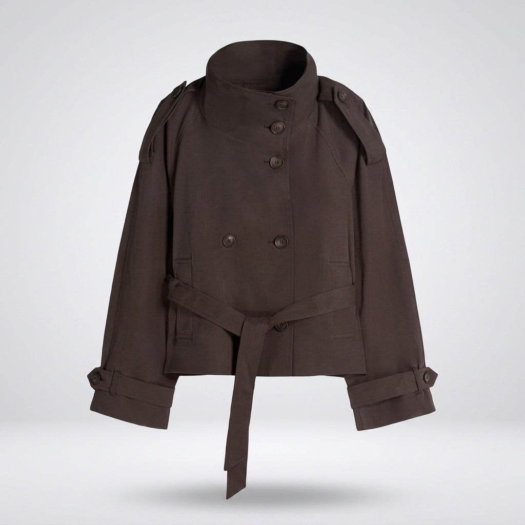 Cropped Trench Coat | Womens Short | Belted | High Collar-Fashion Nora