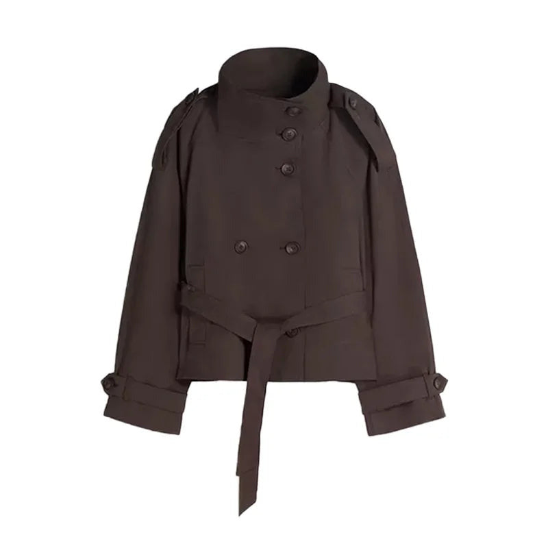 Cropped Trench Coat | Womens Short | Belted | High Collar-Fashion Nora