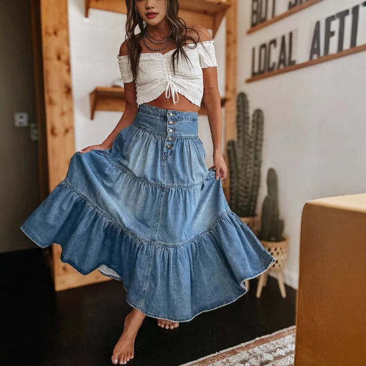 Denim Maxi Skirt | Tiered Button Front | Raw Hem | Boho - Fashion Nora