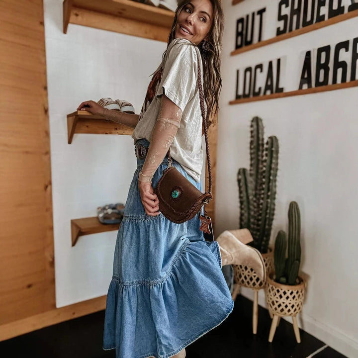 Denim Maxi Skirt | Tiered Button Front | Raw Hem | Boho - Fashion Nora