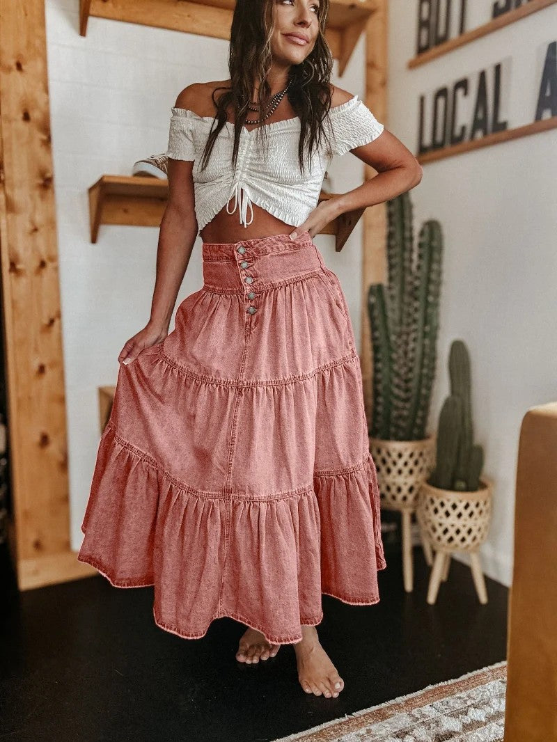 Denim Maxi Skirt | Tiered Button Front | Raw Hem | Boho - Fashion Nora