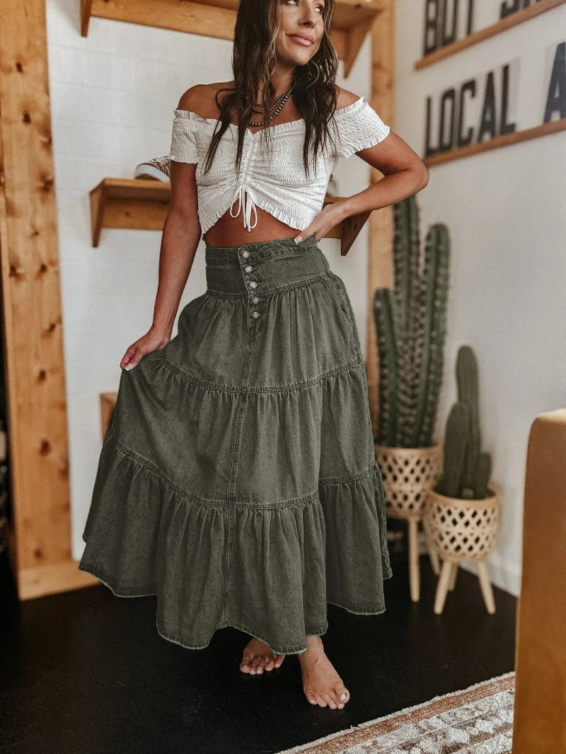 Denim Maxi Skirt | Tiered Button Front | Raw Hem | Boho - Fashion Nora