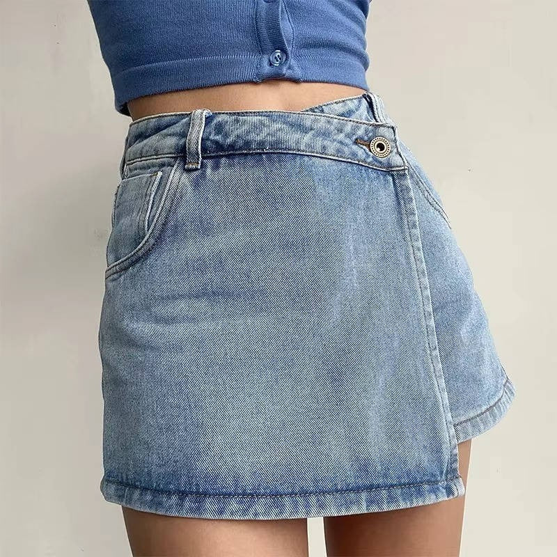 Denim Skort | Asymmetric Wrap Mini Skirt | High Waist | Pockets - Fashion Nora