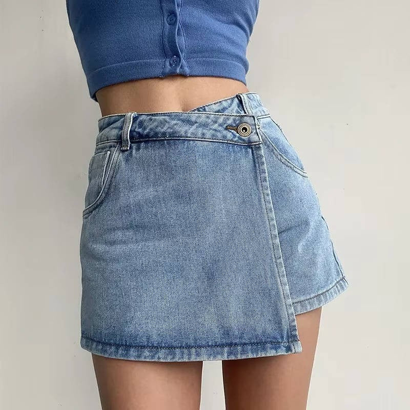 Denim Skort | Asymmetric Wrap Mini Skirt | High Waist | Pockets - Fashion Nora