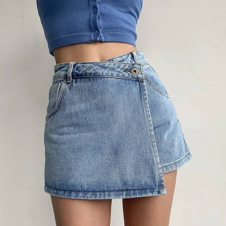 Denim Skort | Asymmetric Wrap Mini Skirt | High Waist | Pockets - Fashion Nora