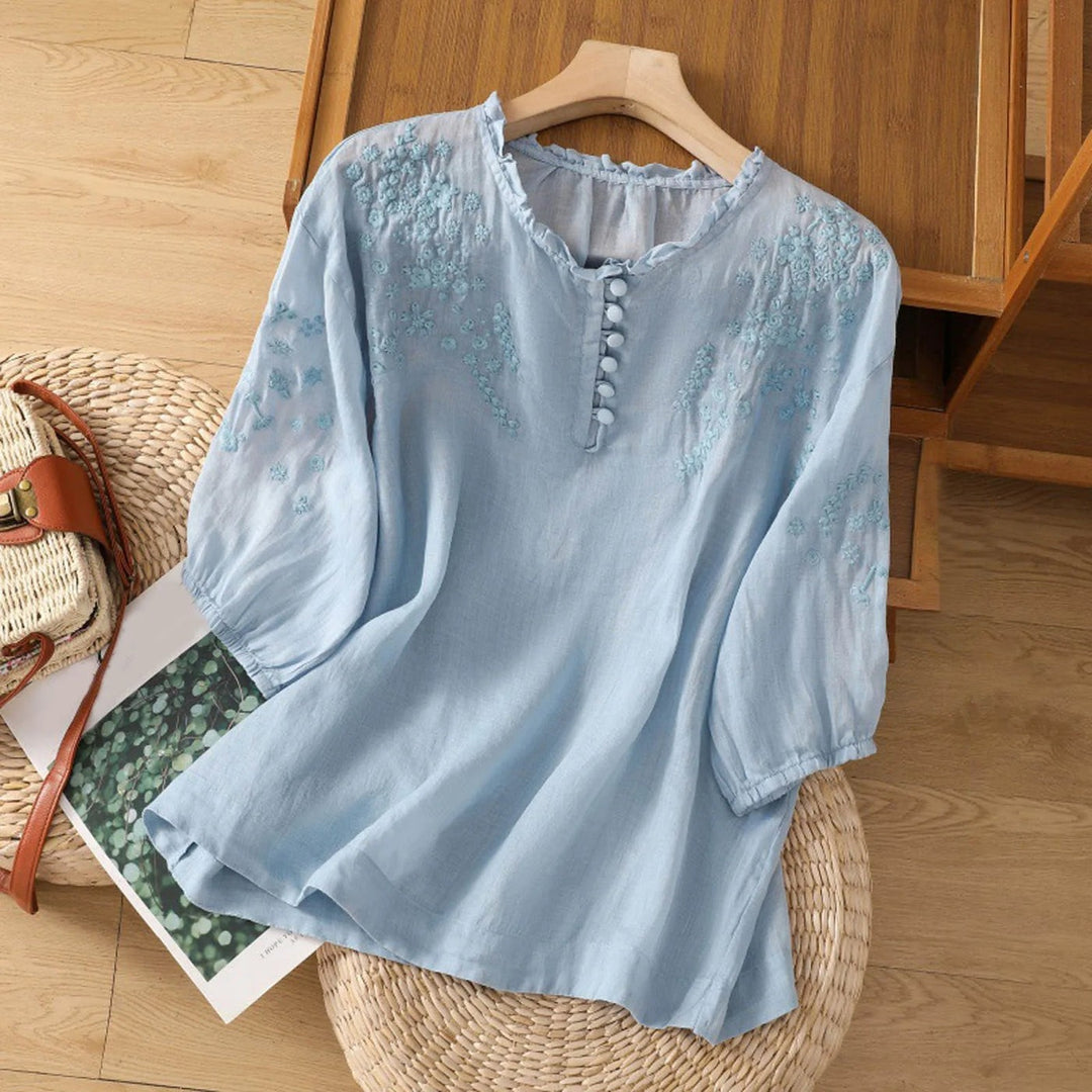 Embroidered Blouse | Three Quarter Sleeve | Ruffle Neckline-Fashion Nora