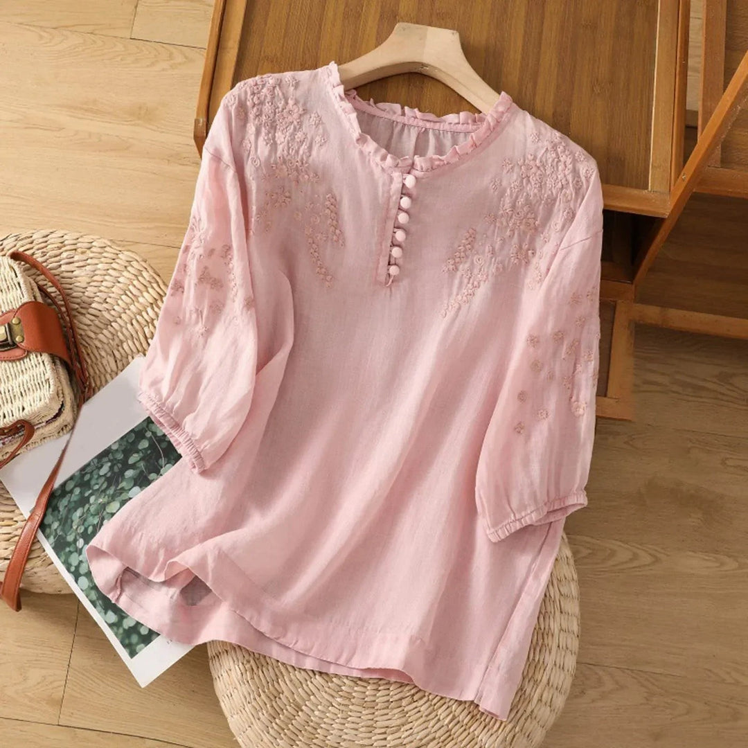 Embroidered Blouse | Three Quarter Sleeve | Ruffle Neckline-Fashion Nora