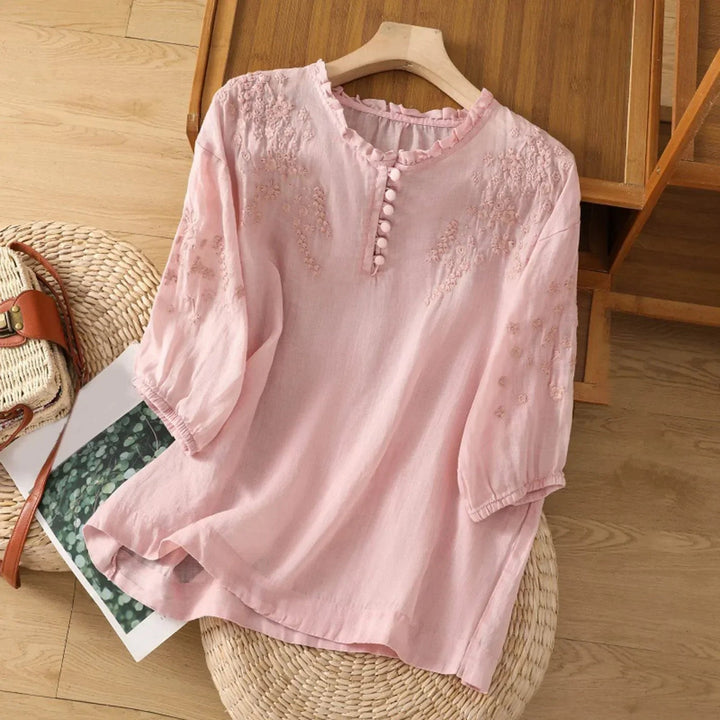 Embroidered Blouse | Three Quarter Sleeve | Ruffle Neckline-Fashion Nora
