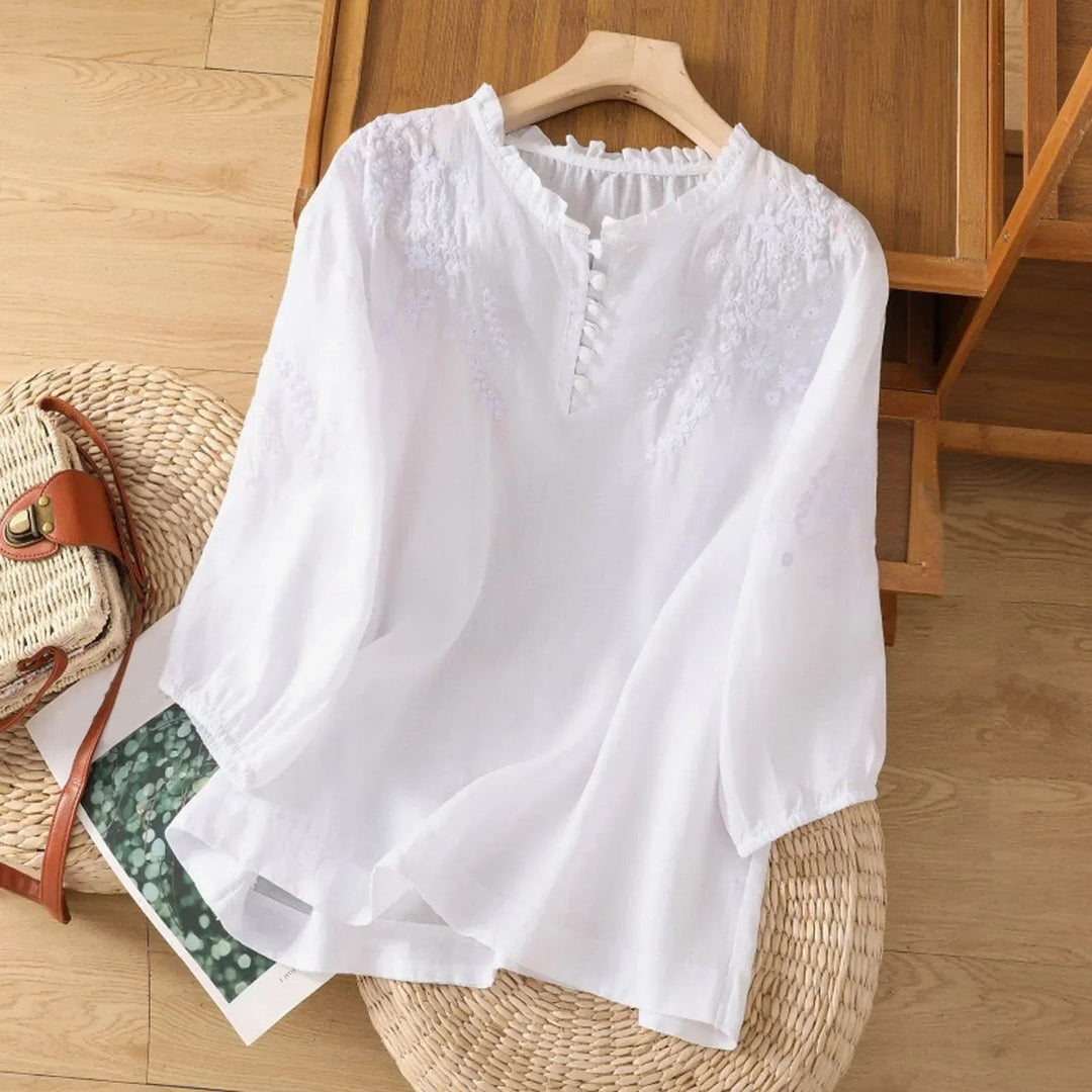 Embroidered Blouse | Three Quarter Sleeve | Ruffle Neckline-Fashion Nora
