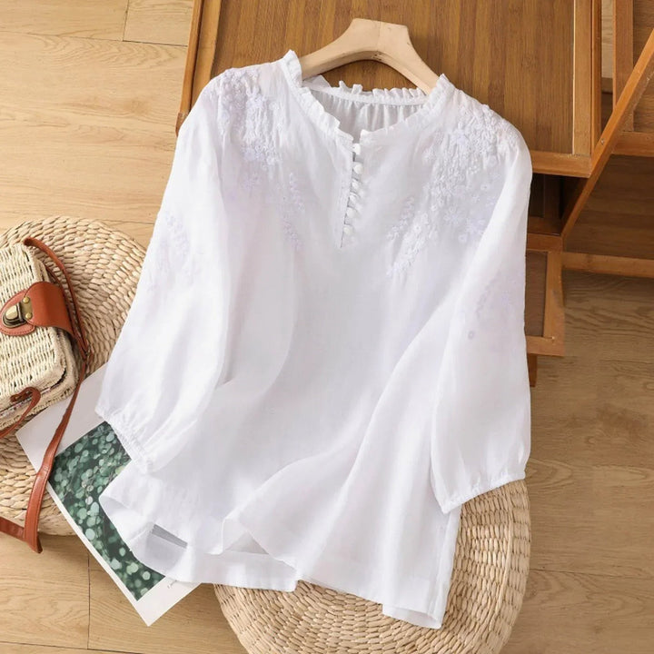 Embroidered Blouse | Three Quarter Sleeve | Ruffle Neckline-Fashion Nora