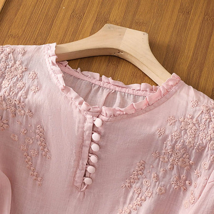 Embroidered Blouse | Three Quarter Sleeve | Ruffle Neckline-Fashion Nora