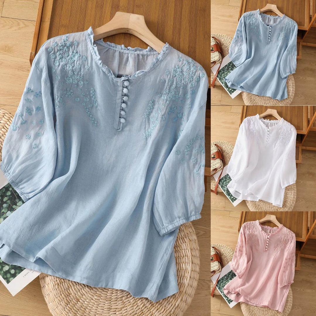 Embroidered Blouse | Three Quarter Sleeve | Ruffle Neckline-Fashion Nora