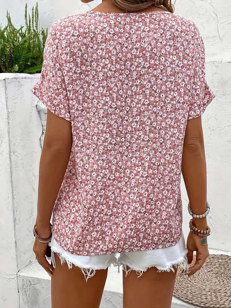 Floral Top | Button Front | Short Sleeve | Relaxed Fit-Fashion Nora