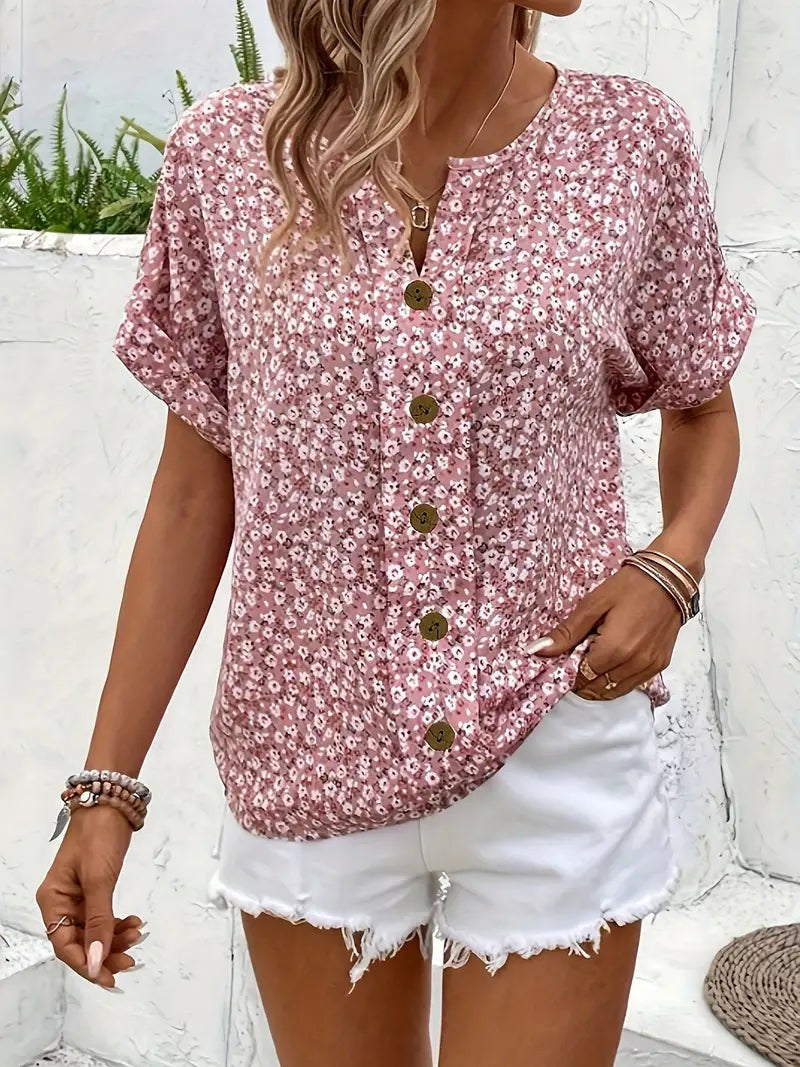 Floral Top | Button Front | Short Sleeve | Relaxed Fit-Fashion Nora