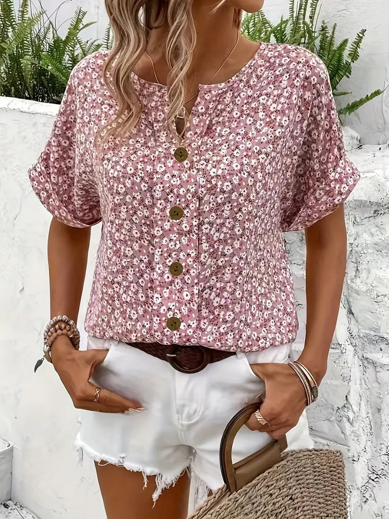 Floral Top | Button Front | Short Sleeve | Relaxed Fit-Fashion Nora